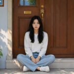 Young woman with long dark hair sits cross-legged on concrete steps in front of a wooden door, wearing a white sweater, light blue jeans, and white sneakers.