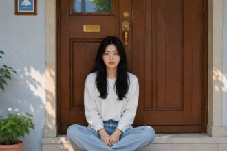 Young woman with long dark hair sits cross-legged on concrete steps in front of a wooden door, wearing a white sweater, light blue jeans, and white sneakers.
