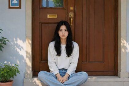Young woman with long dark hair sits cross-legged on concrete steps in front of a wooden door, wearing a white sweater, light blue jeans, and white sneakers.