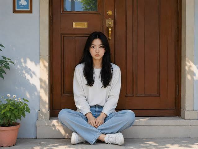 Young woman with long dark hair sits cross-legged on concrete steps in front of a wooden door, wearing a white sweater, light blue jeans, and white sneakers.