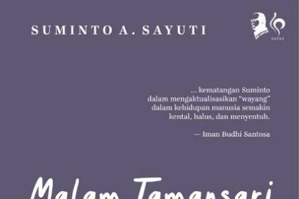 Cover of Malam Tamasari, a poetry anthology by Suminto A. Sayuti, with a white line drawing of a man holding a rifle on a purple background