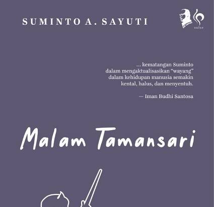 Cover of Malam Tamasari, a poetry anthology by Suminto A. Sayuti, with a white line drawing of a man holding a rifle on a purple background