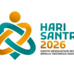 Logo for Hari Santri 2026 featuring teal and orange interwoven ribbons forming a figure, with the text 'HARI SANTRI 2026' and the tagline below.