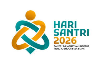 Logo for Hari Santri 2026 featuring teal and orange interwoven ribbons forming a figure, with the text 'HARI SANTRI 2026' and the tagline below.