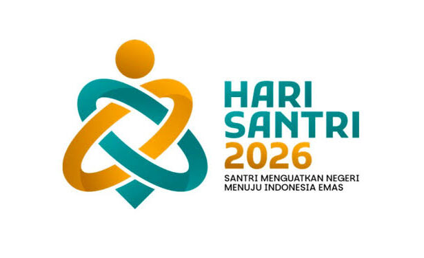 Logo for Hari Santri 2026 featuring teal and orange interwoven ribbons forming a figure, with the text 'HARI SANTRI 2026' and the tagline below.