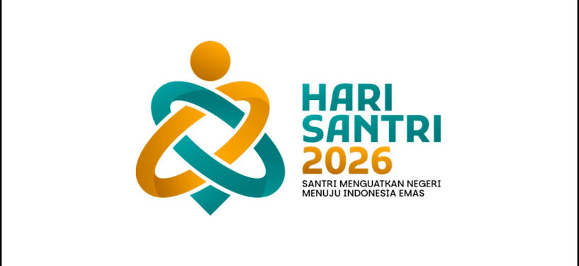 Logo for Hari Santri 2026 featuring teal and orange interwoven ribbons forming a figure, with the text 'HARI SANTRI 2026' and the tagline below.