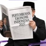 Man in a suit and hat reading a newspaper with the headline 'Pertumbuhan Ekonomi Indonesia 2027'.