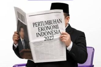 Man in a suit and hat reading a newspaper with the headline 'Pertumbuhan Ekonomi Indonesia 2027'.