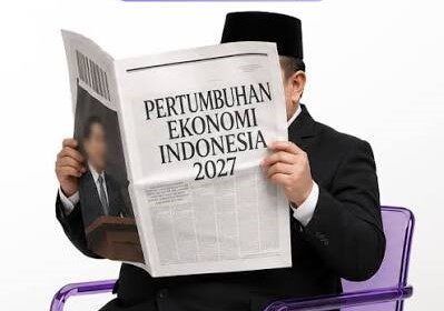 Man in a suit and hat reading a newspaper with the headline 'Pertumbuhan Ekonomi Indonesia 2027'.
