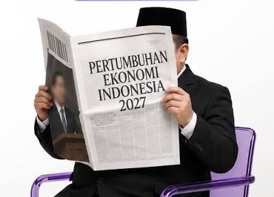 Man in a suit and hat reading a newspaper with the headline 'Pertumbuhan Ekonomi Indonesia 2027'.