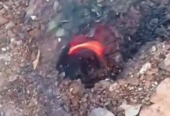 Red-hot ember glowing in a dirt hole, surrounded by small rocks and dry leaves.