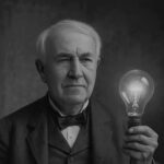 Elderly man in a suit holding a glowing light bulb, symbolizing a bright idea.