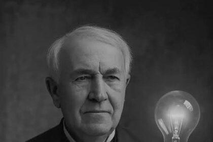 Elderly man in a suit holding a glowing light bulb, symbolizing a bright idea.