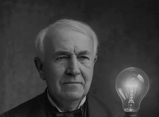 Elderly man in a suit holding a glowing light bulb, symbolizing a bright idea.