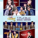 Poster advertising Telkomsel Carnival with Day 1 and Day 2 lineups, including Tasya and Ridwan; notes 'MASUK GRATIS!!!' and free entry. Dates: 31 Okt–01 Nov 2026 at Maguwoharjo Stadium.