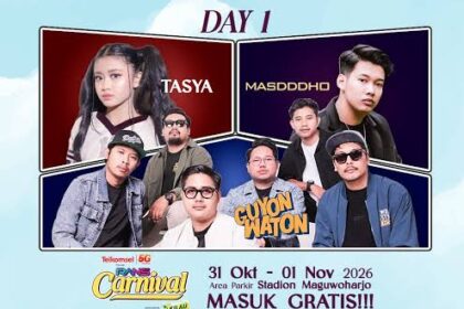 Poster advertising Telkomsel Carnival with Day 1 and Day 2 lineups, including Tasya and Ridwan; notes 'MASUK GRATIS!!!' and free entry. Dates: 31 Okt–01 Nov 2026 at Maguwoharjo Stadium.