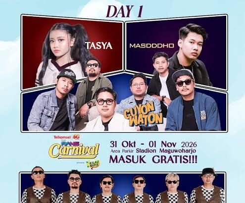 Poster advertising Telkomsel Carnival with Day 1 and Day 2 lineups, including Tasya and Ridwan; notes 'MASUK GRATIS!!!' and free entry. Dates: 31 Okt–01 Nov 2026 at Maguwoharjo Stadium.
