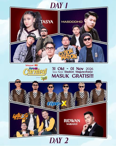 Poster advertising Telkomsel Carnival with Day 1 and Day 2 lineups, including Tasya and Ridwan; notes 'MASUK GRATIS!!!' and free entry. Dates: 31 Okt–01 Nov 2026 at Maguwoharjo Stadium.