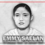 Black-and-white portrait of Emmy Saelan with the life dates 15 October 1924–24 January 1947, from the Arsip Manusia archive (logo top-left).