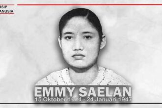 Black-and-white portrait of Emmy Saelan with the life dates 15 October 1924–24 January 1947, from the Arsip Manusia archive (logo top-left).