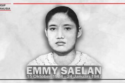 Black-and-white portrait of Emmy Saelan with the life dates 15 October 1924–24 January 1947, from the Arsip Manusia archive (logo top-left).
