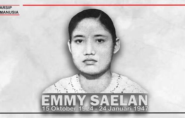 Black-and-white portrait of Emmy Saelan with the life dates 15 October 1924–24 January 1947, from the Arsip Manusia archive (logo top-left).