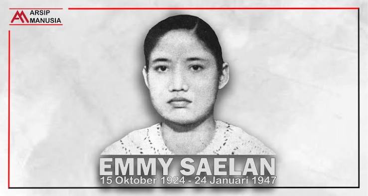 Black-and-white portrait of Emmy Saelan with the life dates 15 October 1924–24 January 1947, from the Arsip Manusia archive (logo top-left).