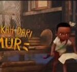 Animated scene: a small character holds a book on a wooden porch at dusk, with stylized yellow lettering in the upper-left corner.