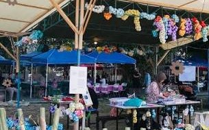 Outdoor market stall under a canopy with blue tents, grape garlands, and shoppers browsing tables in sunlight.