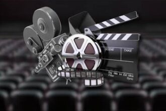 Collage of cinema equipment: film reels, a movie camera, and a clapperboard in a theater setting.