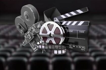 Collage of cinema equipment: film reels, a movie camera, and a clapperboard in a theater setting.