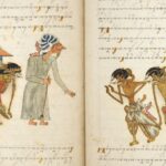 Two-page medieval manuscript illustration: a tall woman in a gray dress with curled headwear stands between a house scene on the left and four horned dancers on the right, with handwritten text above each page.