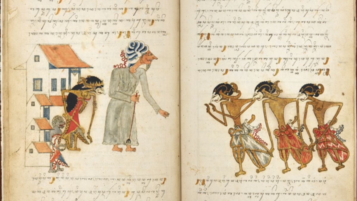 Two-page medieval manuscript illustration: a tall woman in a gray dress with curled headwear stands between a house scene on the left and four horned dancers on the right, with handwritten text above each page.