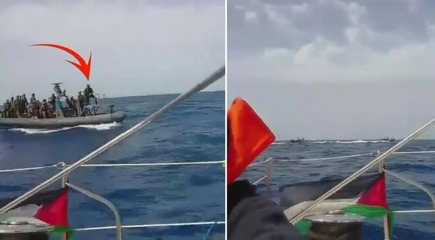 Two-panel sea scene: left shows a crowded motorboat with a red arrow pointing at it; right shows the same area from the deck with red flags in the foreground.