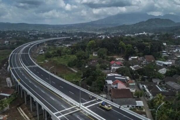Aerial view of a curved elevated highway passing over a residential town with green hills in the distance.