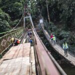 Workers wearing hard hats repair a suspension bridge in a dense forest