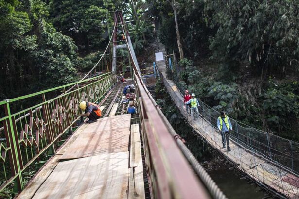 Workers wearing hard hats repair a suspension bridge in a dense forest
