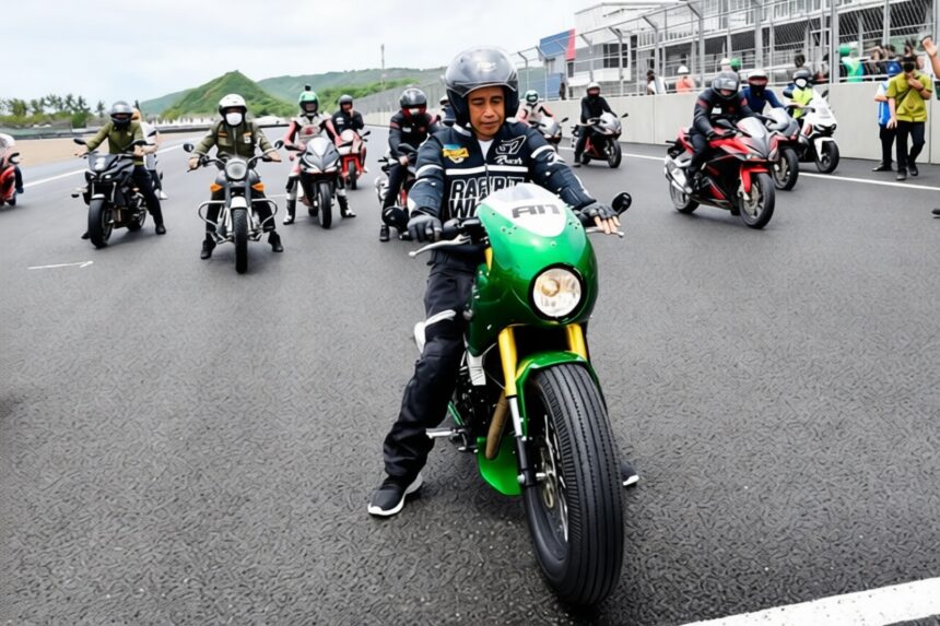 Motorcyclist wearing a helmet on a bright green sport bike leads a line of riders on a race track, with spectators in the background.