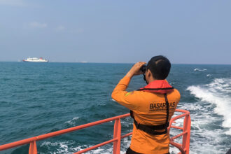 Person in an orange life jacket on a boat deck uses binoculars to scan the sea, with a distant ship on the horizon in calm blue waters.
