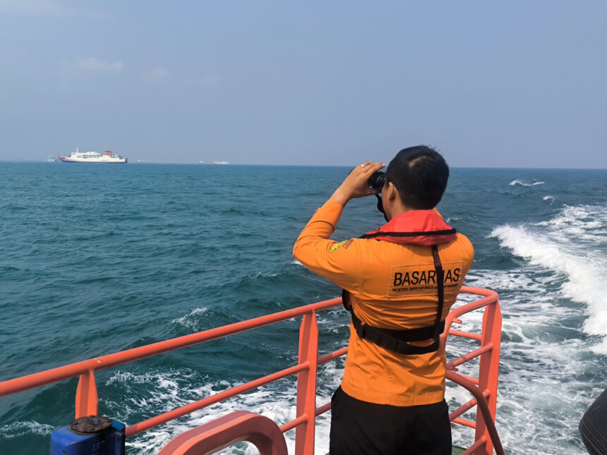 Person in an orange life jacket on a boat deck uses binoculars to scan the sea, with a distant ship on the horizon in calm blue waters.