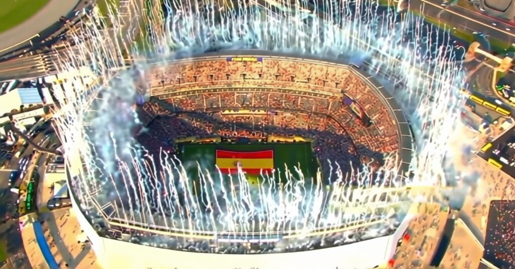 kembang api biru muda by Getty Images FIXX - Mabur.co Aerial view of a packed stadium with bright fireworks surrounding the field, a large Spanish flag laid on the pitch for a celebration.