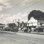 Black-and-white street scene with vintage cars, utility poles, and storefronts; a horse-drawn cart on the right.