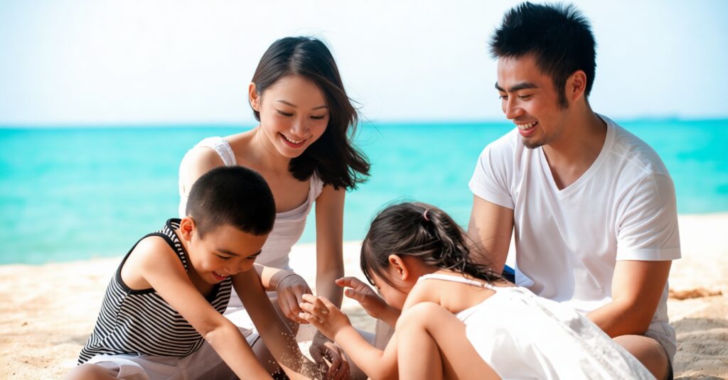 Family of four at the beach, kneeling in the sand and playing with sand near the turquoise sea, smiling and engaging together.