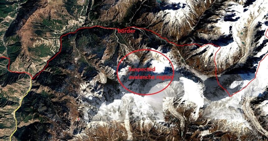 Satellite image of a mountainous area with red boundary lines; a red circle highlights a snow-covered slope labeled 'Suspected avalanche region'.