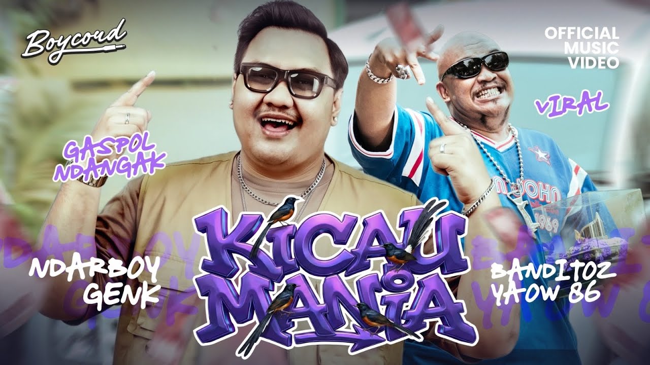 Two men in sunglasses pose on a vibrant music video cover with a bold purple title across the center and graffiti text elements around them.