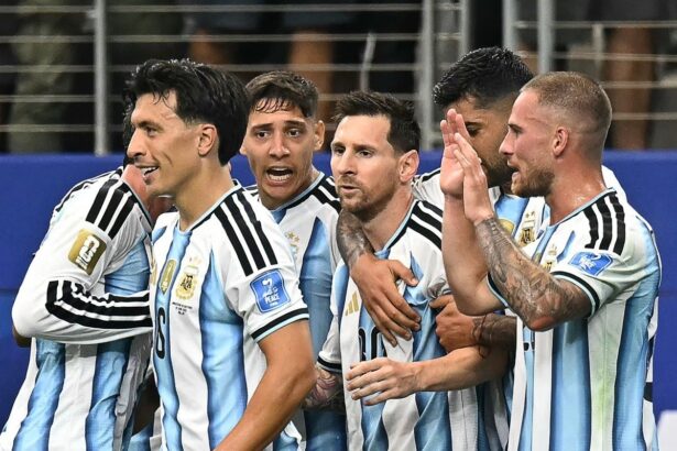 Argentina national team players celebrate together in their blue-and-white striped jerseys on the pitch.