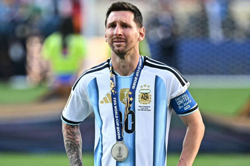 Soccer player in Argentina jersey with a World Cup 2026 medal around his neck on the field.