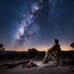 Person sitting beside a small campfire under a starry night sky with the Milky Way overhead.