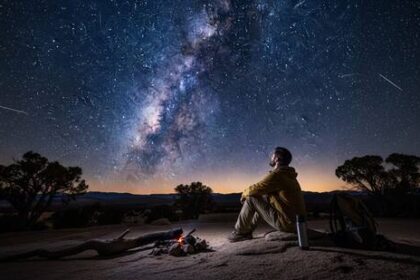 Person sitting beside a small campfire under a starry night sky with the Milky Way overhead.