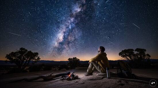 Person sitting beside a small campfire under a starry night sky with the Milky Way overhead.